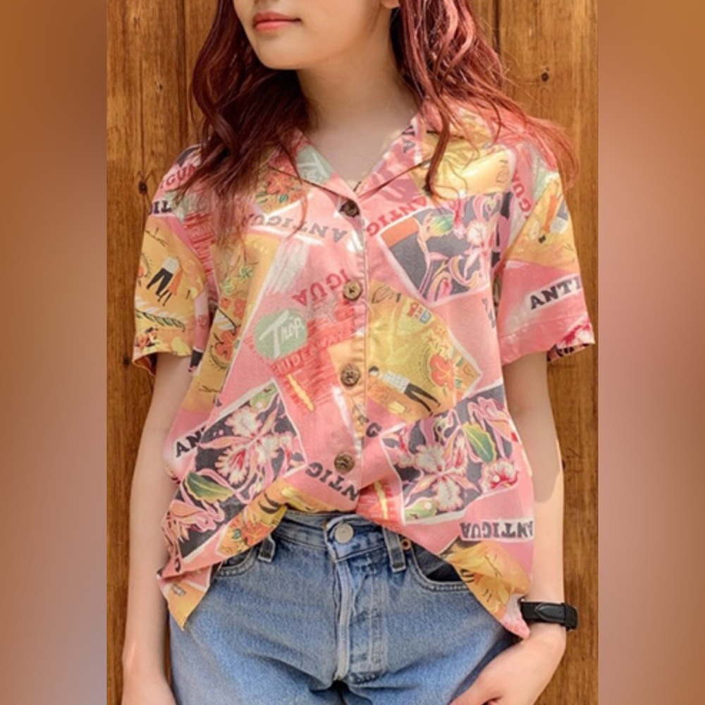 Havana Jack’s Cafe Tropical Patchwork Button-Up Shirt in Pink & Yellow
